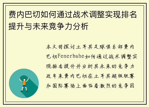 费内巴切如何通过战术调整实现排名提升与未来竞争力分析