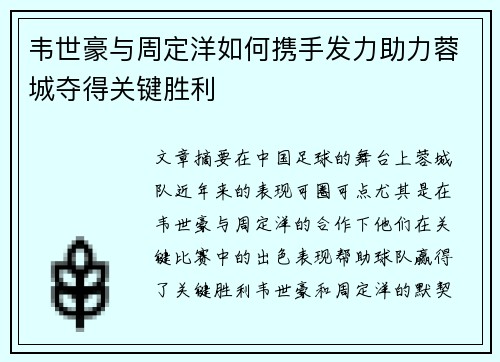 韦世豪与周定洋如何携手发力助力蓉城夺得关键胜利